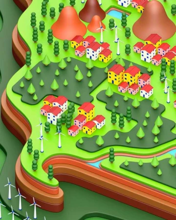 Aerial-view 3D landscape rendering features green hills, colorful houses, wind turbines, and layered earth sections in a vibrant cartoon style.