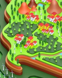 3D rendered topographical landscape illustration featuring layered green terrain, small colourful houses, trees, and wind turbines.
