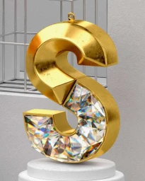 A sculptural 3D letter S made of brushed gold and faceted crystal on a white pedestal