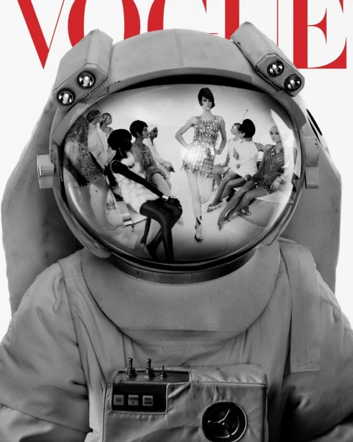 Fashion editorial cover featuring a person in an astronaut suit with a reflection of models wearing dresses in the helmet visor.