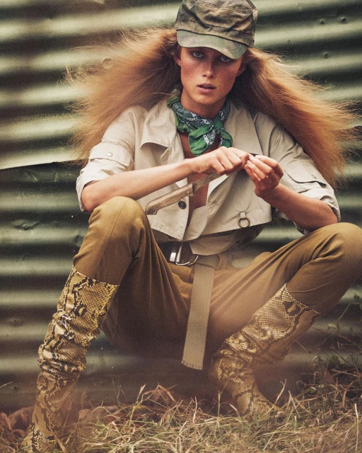Adult female fashion model wearing a khaki colored outfit with snakeskin boots and cap, sitting in tall grass with corrugated metal backdrop.