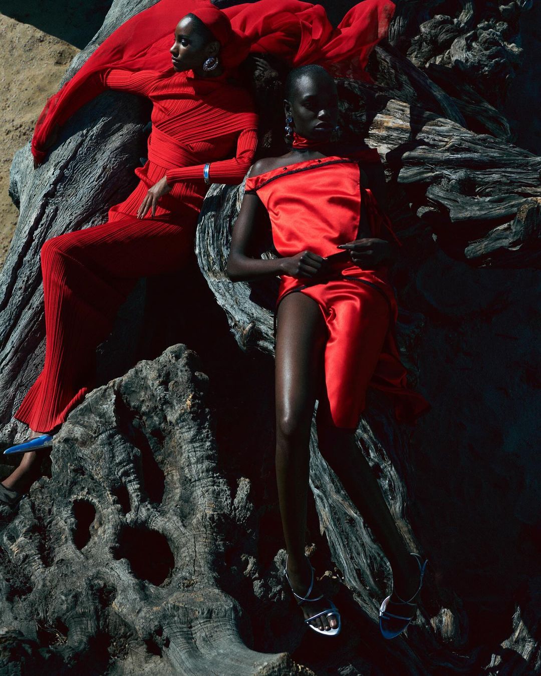 Two women in red outfits pose on a textured tree trunk in a sunlit outdoor setting, showcasing fashion and style.