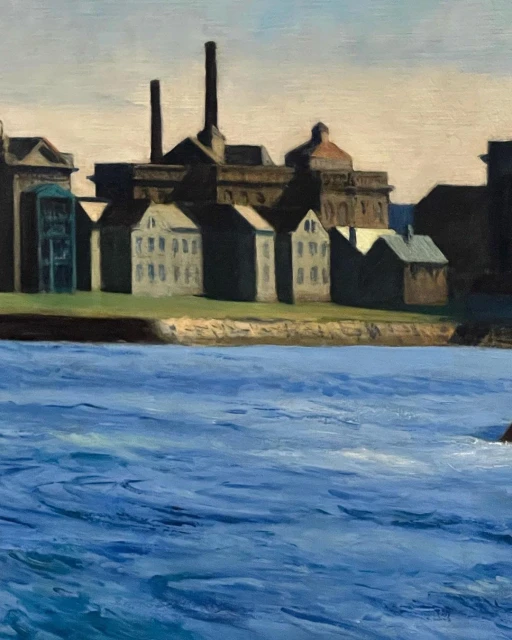 Oil painting of an industrial waterfront features factory buildings, chimneys, and warehouses along a river under a blue and white sky.
