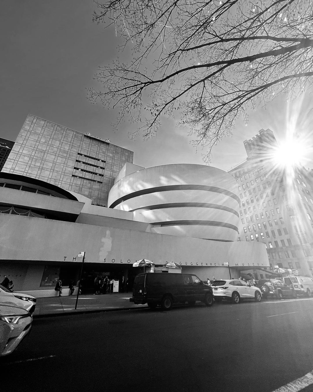 Black and white image of the Guggenheim Museum in New York City on a sunny day, with cars parked on the street and bare tree branches above.