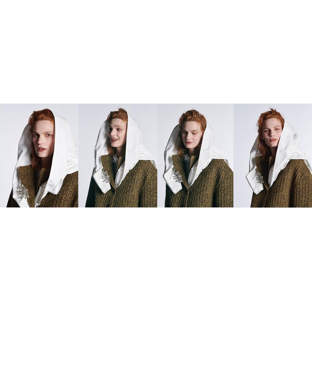 Four portraits of a red-haired model wearing a brown, patterned jacket with a white, oversized hood against a bright white background.