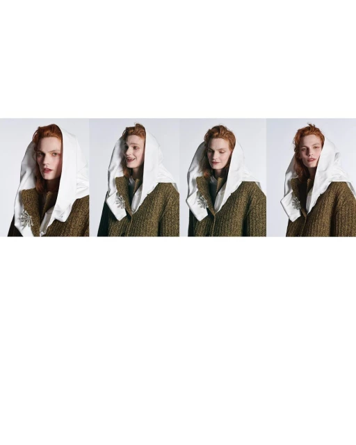 Four portraits of a red-haired model wearing a brown, patterned jacket with a white, oversized hood against a bright white background.