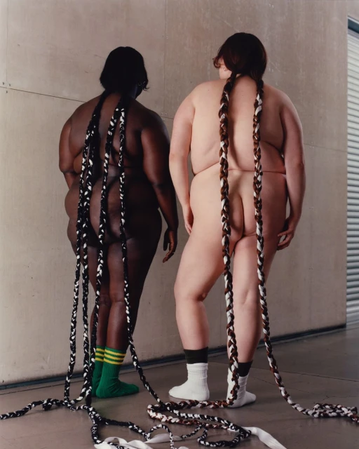 Two nude, plus-size women stand in front of a concrete wall. Their long braided extensions touch the floor, with green and white socks.