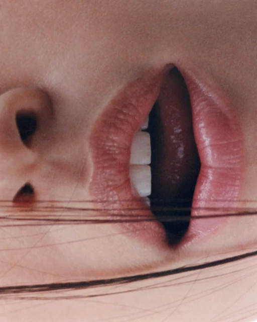 Extreme close-up of a woman's open mouth revealing teeth, tongue, and lips, with fair skin and dark hair visible.