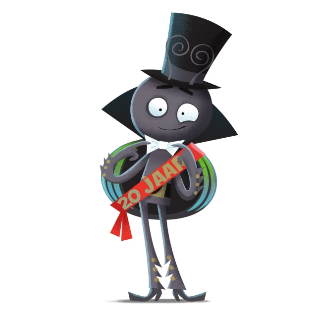 Whimsical cartoon illustration of an anthropomorphic spider character in a black top hat, cape, and a '20 JAAR' sash, standing on a white backdrop.