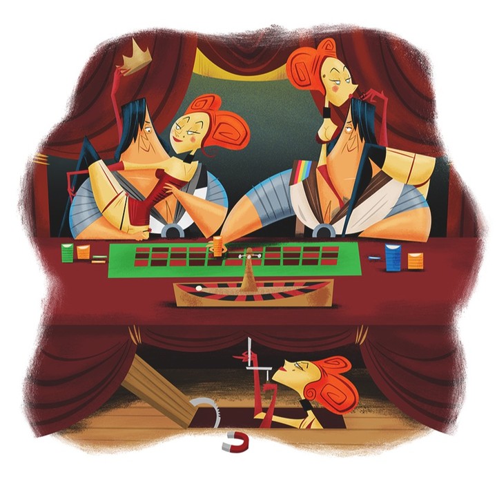 Stylized illustration depicting cartoon women playing roulette, with one appearing to cheat using a hidden magnet on a lower level.