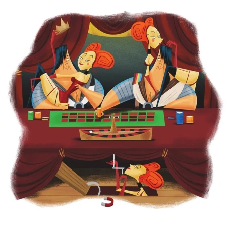 Stylized illustration depicting cartoon women playing roulette, with one appearing to cheat using a hidden magnet on a lower level.