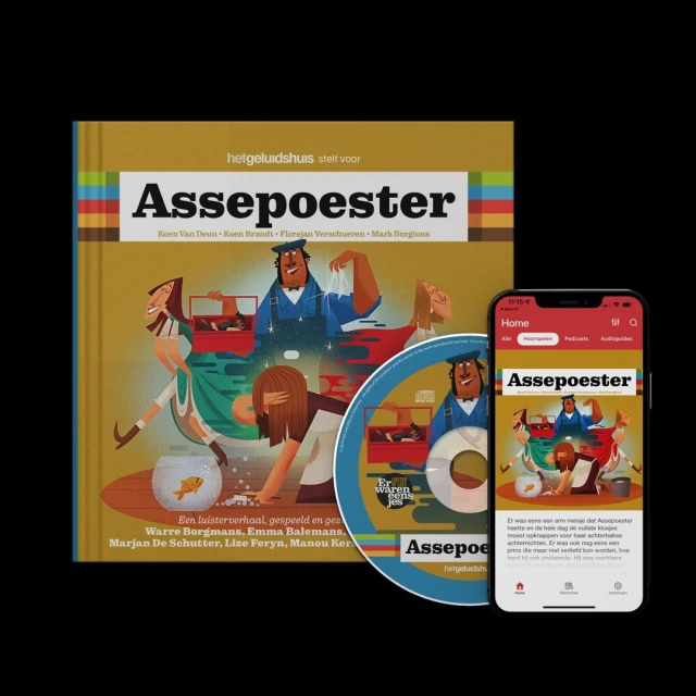 Illustration of a children's book, 'Assepoester' (Cinderella), featuring a book cover, CD, and mobile app on a smartphone.