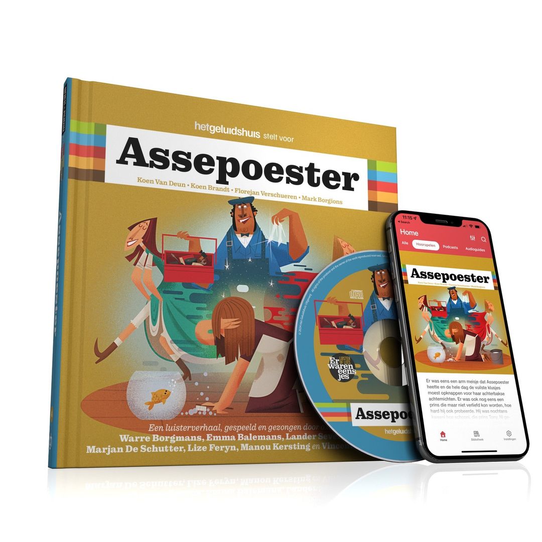 Book, CD, and smartphone display Dutch children's story “Assepoester” (Cinderella) against white. Book cover art shows Cinderella-like characters.
