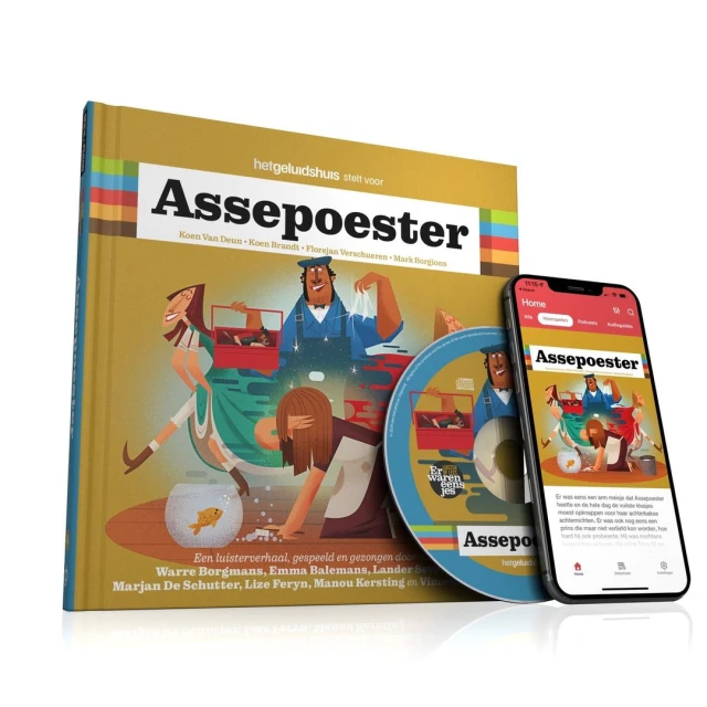 Book, CD, and smartphone display Dutch children's story “Assepoester” (Cinderella) against white. Book cover art shows Cinderella-like characters.