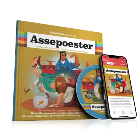 Book, CD, and smartphone display Dutch children's story “Assepoester” (Cinderella) against white. Book cover art shows Cinderella-like characters.