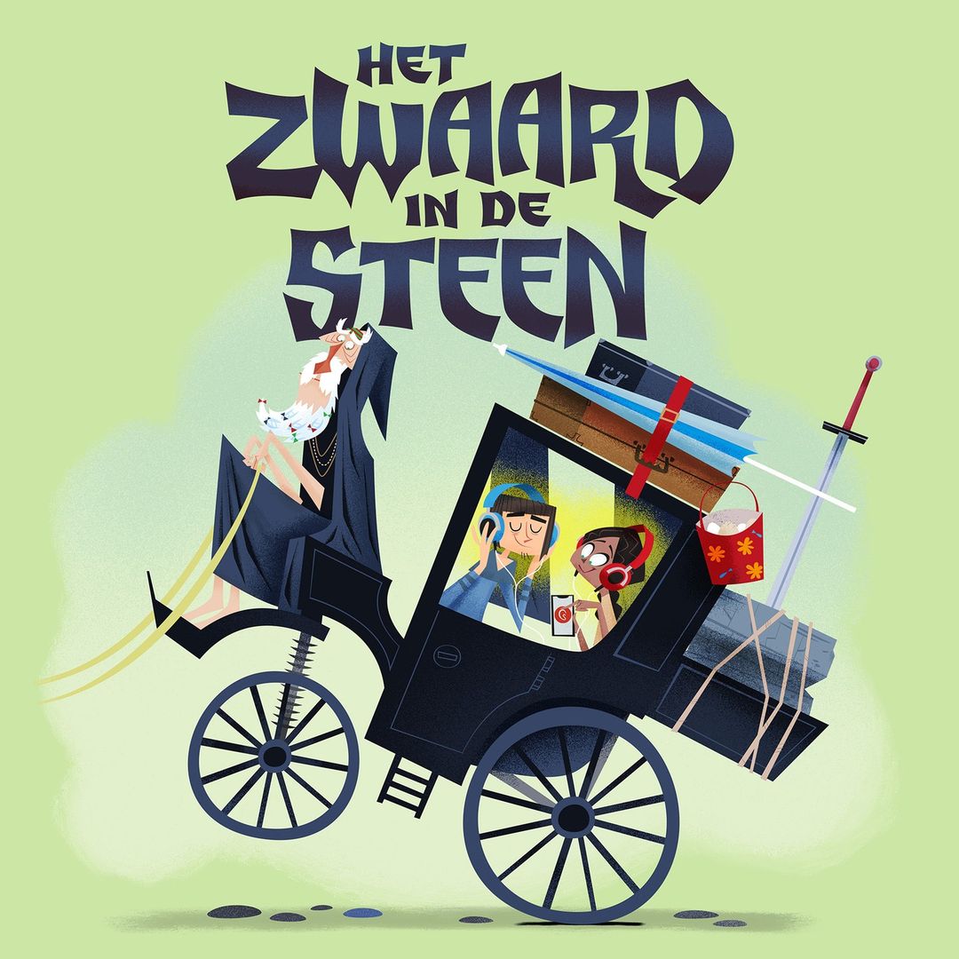 Illustration of an old man in a horse-drawn carriage with two younger people inside, featuring luggage, a sword, and text overlay.