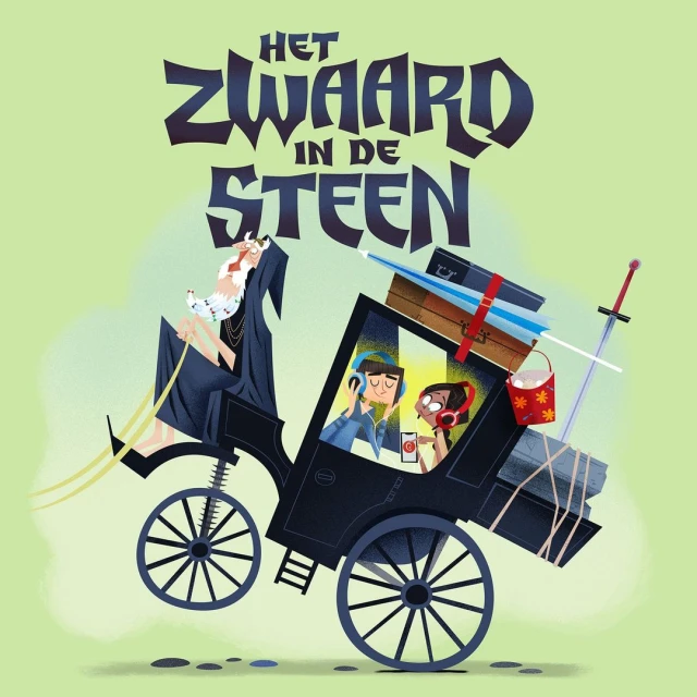 Illustration of an old man in a horse-drawn carriage with two younger people inside, featuring luggage, a sword, and text overlay.