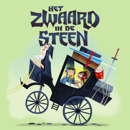Illustration of an old man in a horse-drawn carriage with two younger people inside, featuring luggage, a sword, and text overlay.