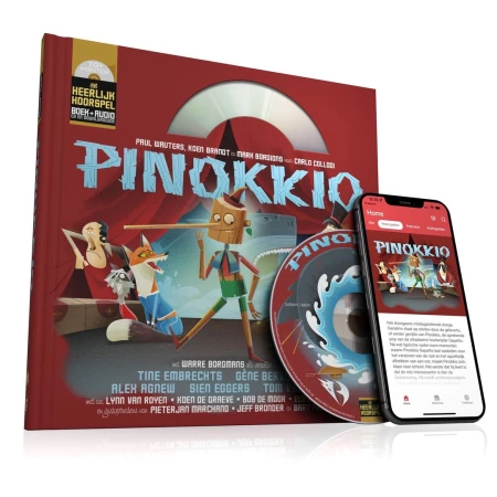 Pinocchio book and CD with smartphone displaying the book cover, featuring Pinocchio character illustration, set against white background.