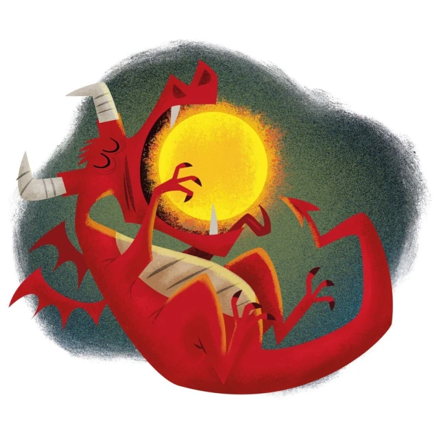 Illustration of a cartoon red dragon roaring and holding a yellow orb in its claws against a dark, shadowy background.