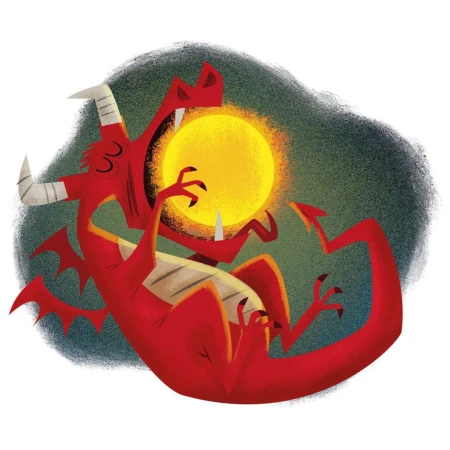 Illustration of a cartoon red dragon roaring and holding a yellow orb in its claws against a dark, shadowy background.