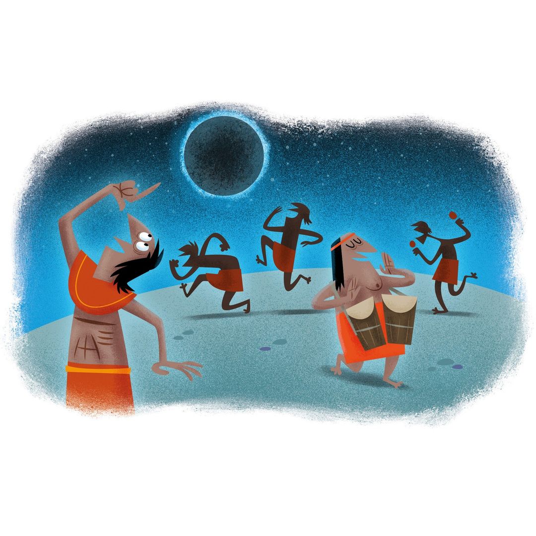 Illustration of stylized figures dancing and playing drums in front of a dark, circular shape against a starry sky background.