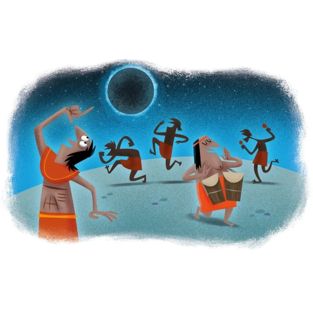 Illustration of stylized figures dancing and playing drums in front of a dark, circular shape against a starry sky background.