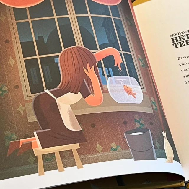 Illustration of a woman sitting near a window, looking at a goldfish in a bowl; a bucket and mop are visible, suggesting cleaning.