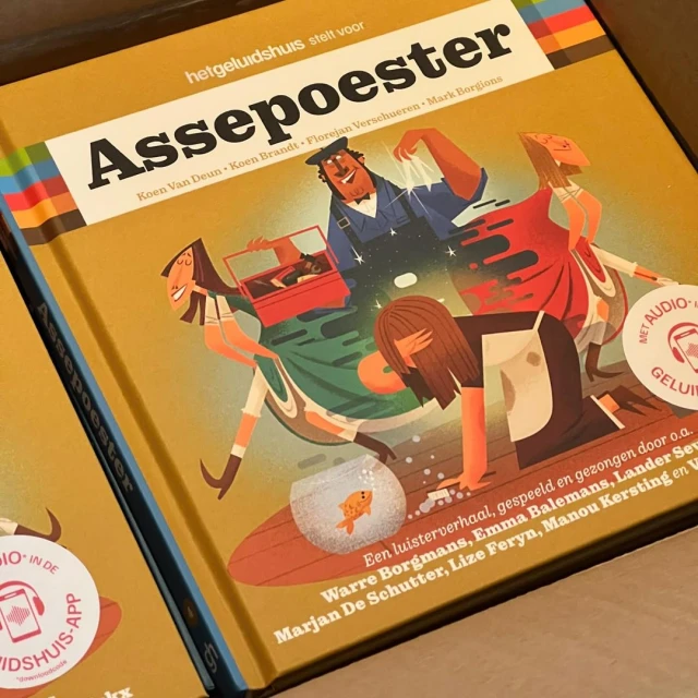 Illustration of the book cover 'Assepoester' by hetgeluidshuis, featuring illustrated characters and text on a tan background with audio branding.