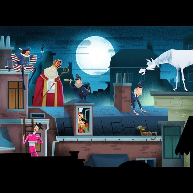 Illustration of Sinterklaas and his helpers on rooftops at night with a full moon, featuring a white horse, cat, and children in window.