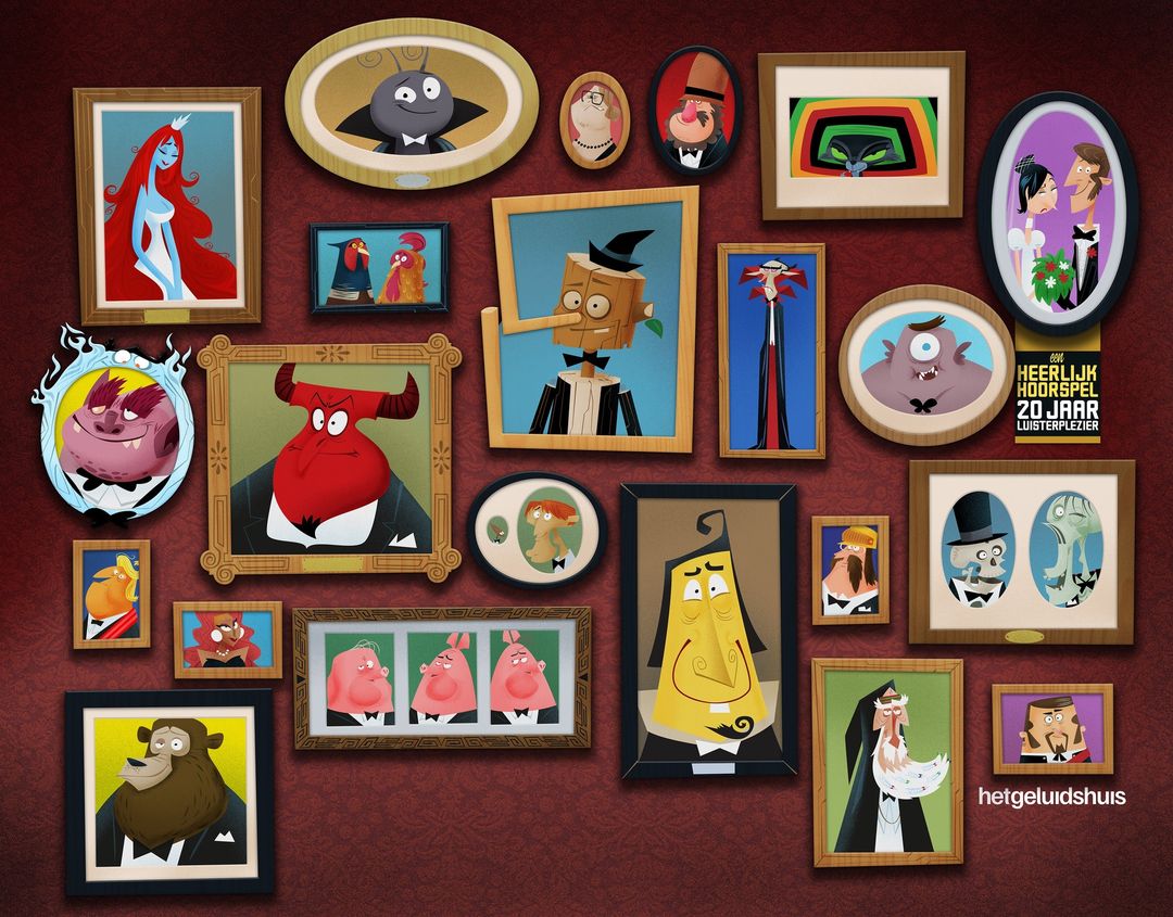 Collection of framed cartoon character portraits hanging on a wall, including a devil, a monster, and a wooden puppet.