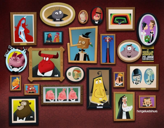Collection of framed cartoon character portraits hanging on a wall, including a devil, a monster, and a wooden puppet.