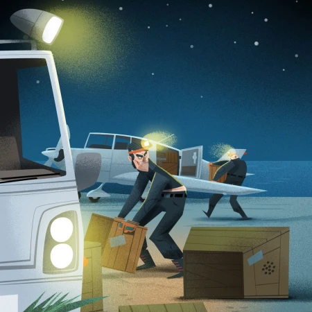 Illustration of two burglars loading wooden crates from a small plane into the back of a truck at night, with visible stars.