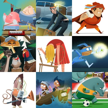 Whimsical illustration montage featuring a marching band, miner, Robin Hood, animals, spinning wheel, superhero, adventurer, rhino soccer player.