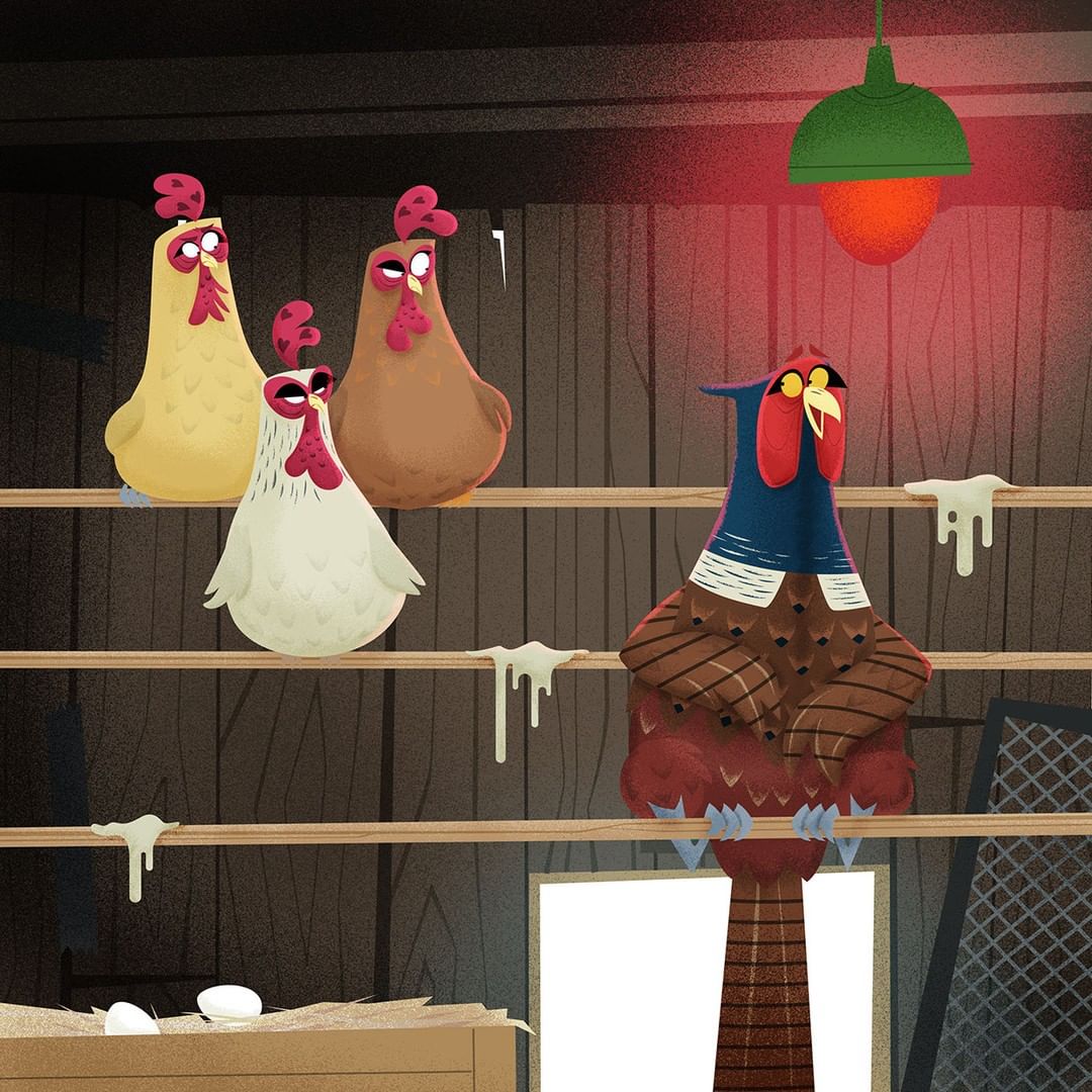 Cartoon illustration of three chickens perched on a roost and a pheasant standing below a red lamp in a wooden coop.