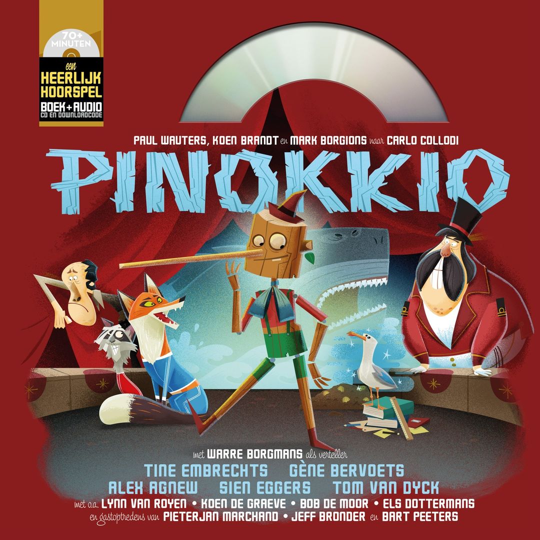 Pinocchio book cover illustration with Pinocchio, fox, characters, and text overlay on a red background. Illustration of various fairytale figures.