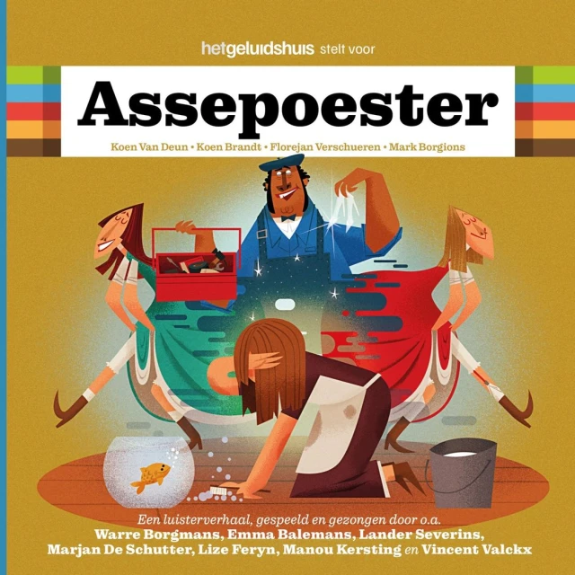 Illustrated book cover for Assepoester (Cinderella) features cartoon characters: a woman sweeping, two step-sisters, and a man in overalls.