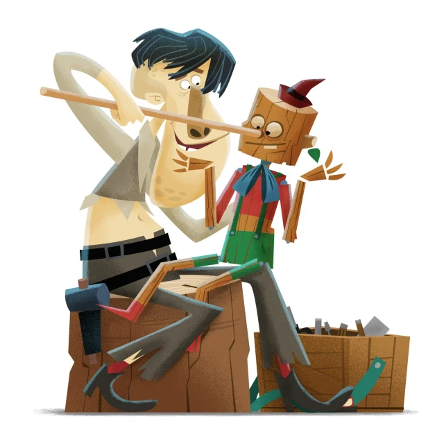 Illustration depicting a male character carving a wooden puppet figure with an elongated nose, set against a plain white background.