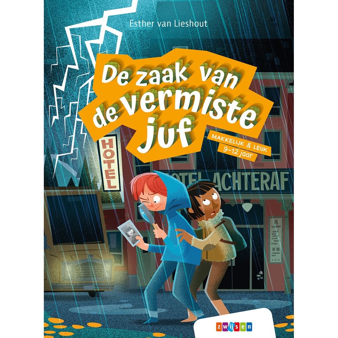 Illustration of two kids in blue and brown clothing looking at a photograph with a hotel and rain background; children's book cover.