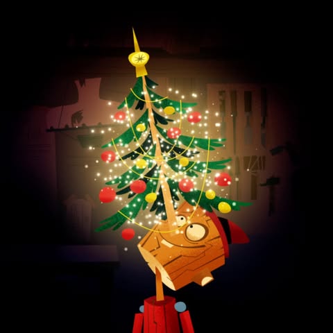 Illustration of a Christmas tree with lights and ornaments atop a wooden figure with a rectangular head in a dimly lit space.