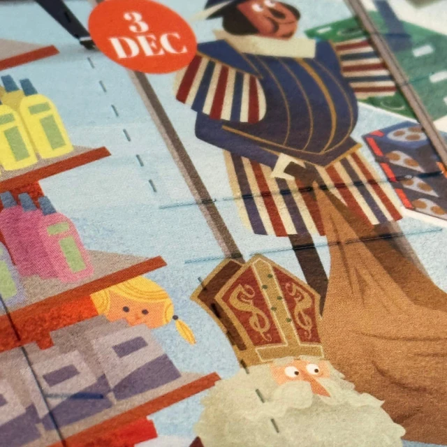 Illustration featuring historical figures in a shopping scene, including Saint Nicholas, set against an advent calendar background with product shelves.