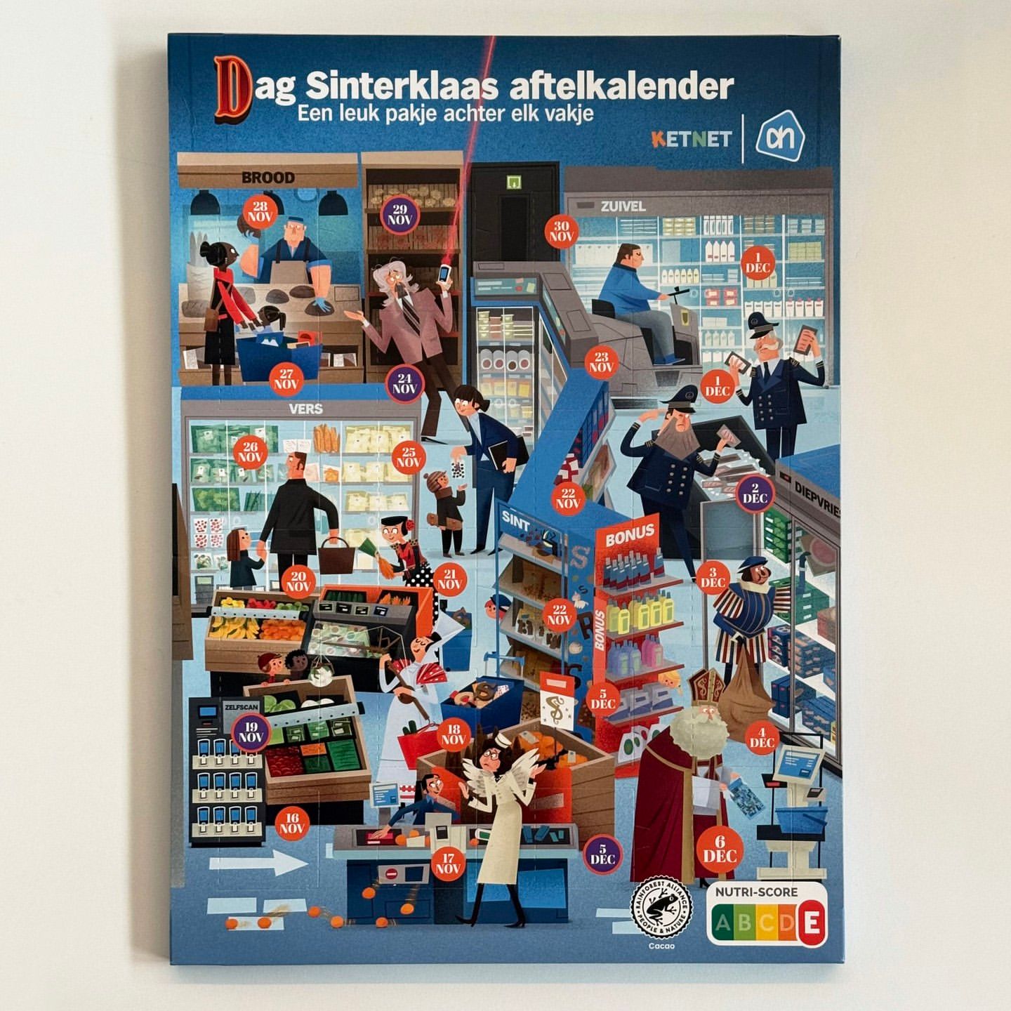 Illustration of a Sinterklaas advent calendar depicting scenes from a supermarket, featuring customers, clerks, and Sinterklaas.
