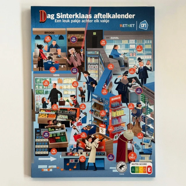 Illustration of a Sinterklaas advent calendar depicting scenes from a supermarket, featuring customers, clerks, and Sinterklaas.