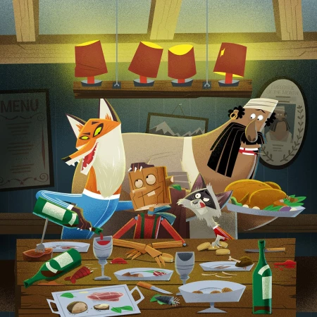 Illustration of anthropomorphic animals and a wooden man dining at a table with food and wine in a restaurant setting under warm lighting.