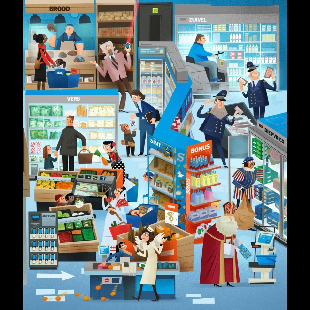 Illustration of a busy supermarket scene with various customers, including Sinterklaas and Zwarte Piet, shopping for groceries and goods.