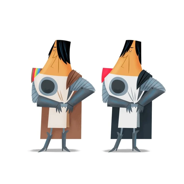 Two cartoon characters in armor stand side-by-side against a white background. One is light toned with rainbow and one is dark toned with red.