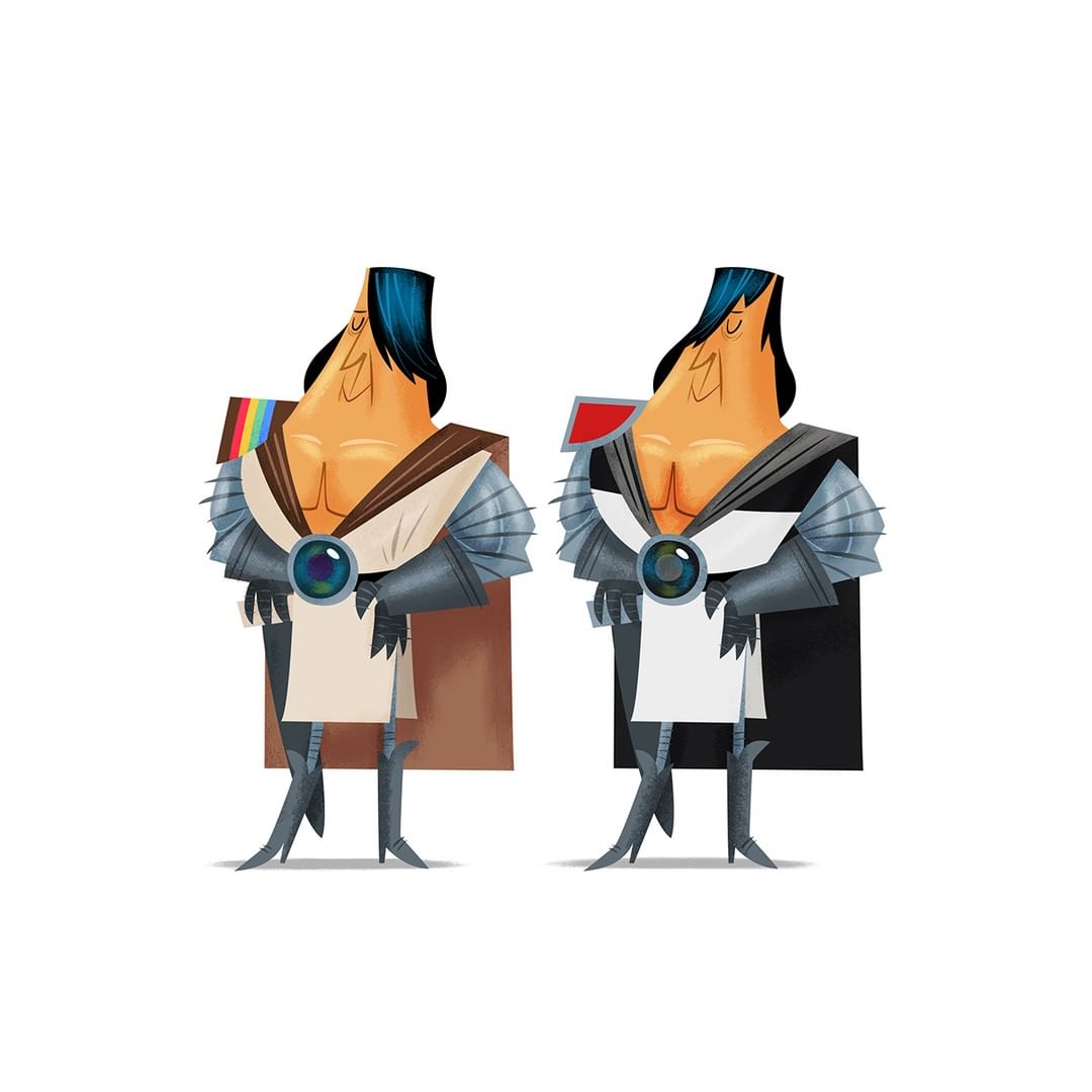 Illustration of two cartoon men with retro hairstyles, wearing knight-like armor with capes and circular center medallions, white background.