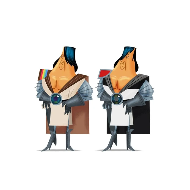 Illustration of two cartoon men with retro hairstyles, wearing knight-like armor with capes and circular center medallions, white background.