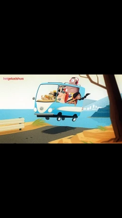 Animated cartoon-style shot of characters in a blue van driving along a coast road with ocean and tree background. Animation style.