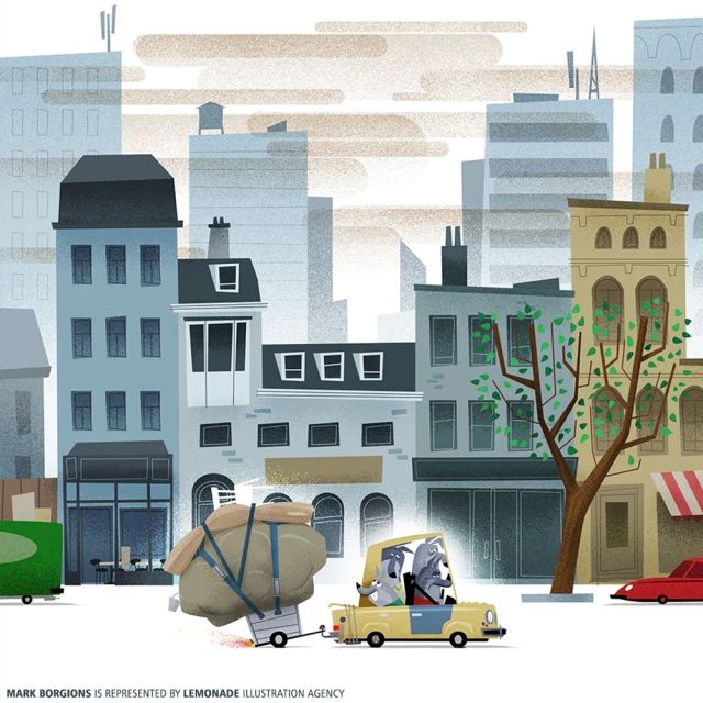 Illustration of two wolf-like characters driving a car through a cartoon city, pulling a trailer loaded with an oversized rock.